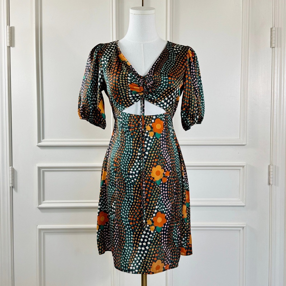 Topshop Floral A-Line Mini Dress Women's 2 Boho Satin V-Neck Short Sleeve